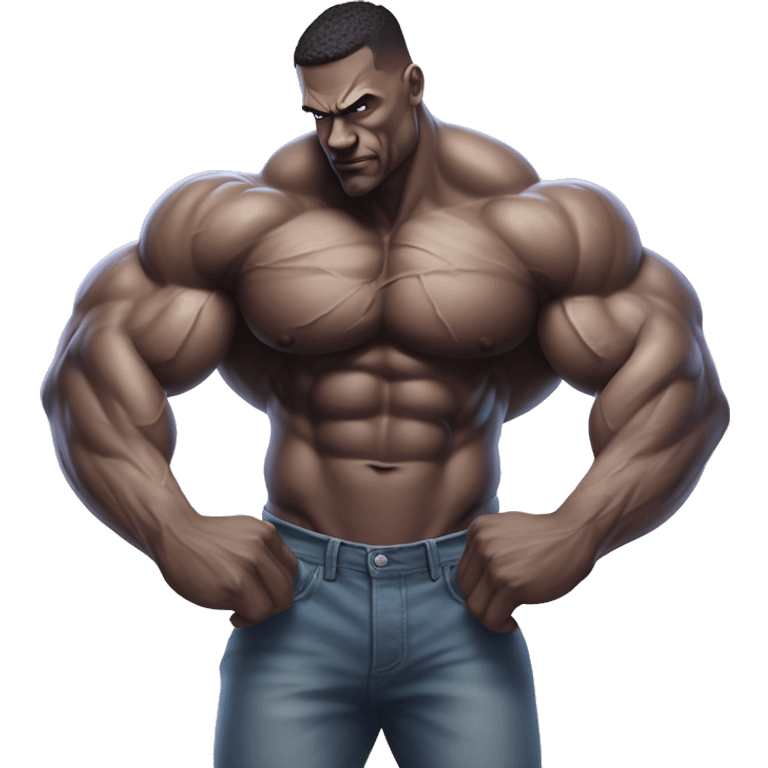 A hyper-muscular man with veins prominently visible across his massive arms and chest, his exaggerated physique dominating the image as he crosses his arms over a well-defined six-pack, creating an extra surreal and intense visual. emoji