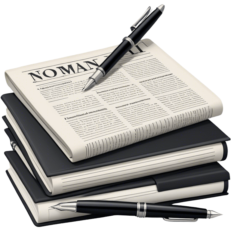 Create an emoji representing journalism and publicistic writing. The design should feature a stack of newspapers, an open notebook, and a single classic fountain pen placed on top of the notebook, symbolizing the act of writing. The scene should convey a sense of professionalism and thoughtful analysis. Use a neutral and professional color palette, with black, white, and muted tones. Do not include any emojis or smiley faces. Make the background transparent. emoji