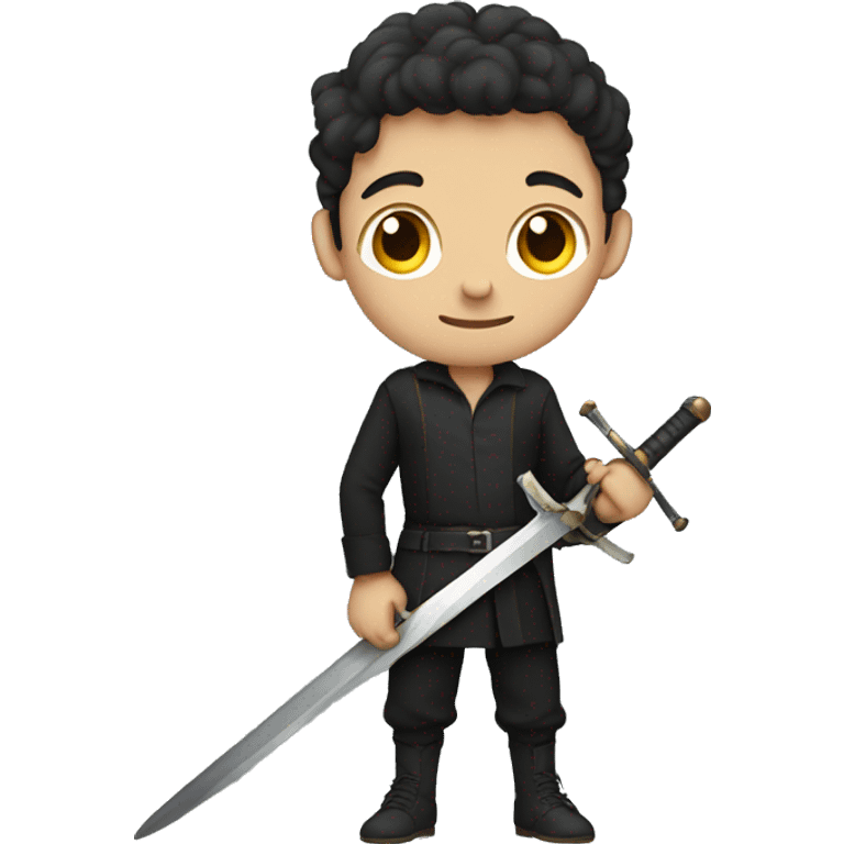 boy with dark pants and dark long sleeve shirt. One hand holding a sword emoji