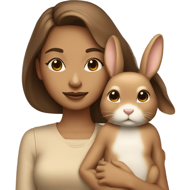 Good looking lady with closed eyes is holding brown/beige bunny, calm  emoji