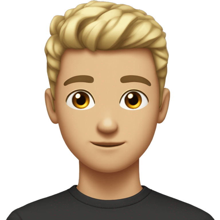 thick eyebrows, an average nose, and black eyes, My hair is styled forward, with shaved sides and bangs that cover my forehead. teenager average guy male 15 years old  emoji