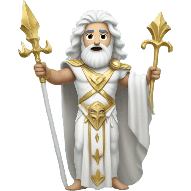 white Poseidon with gold Trident. long white hair white dress. with keys emoji