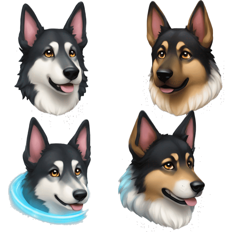  Black spotted brindle German shepherd husky fluffy ears and holographic harness running emoji