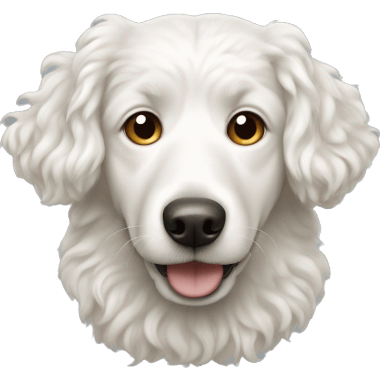 White curly dog with a light nose emoji