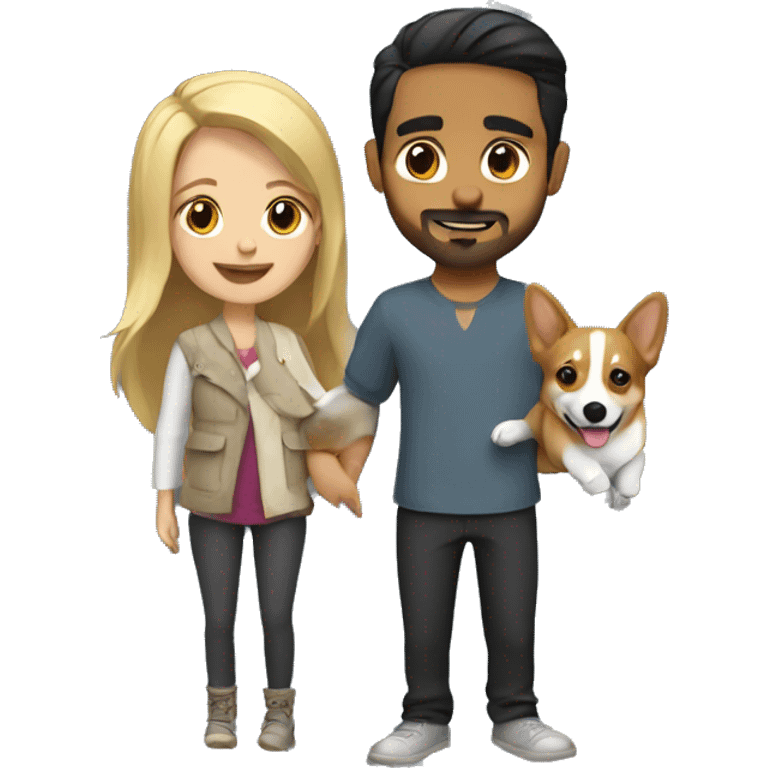 blonde girl with arab guy holding a corgi in their arms emoji