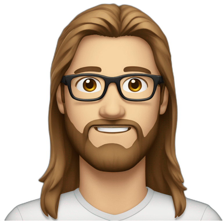 handsome guy with straight long brown hair blue eyes and transparent glasses with beard emoji