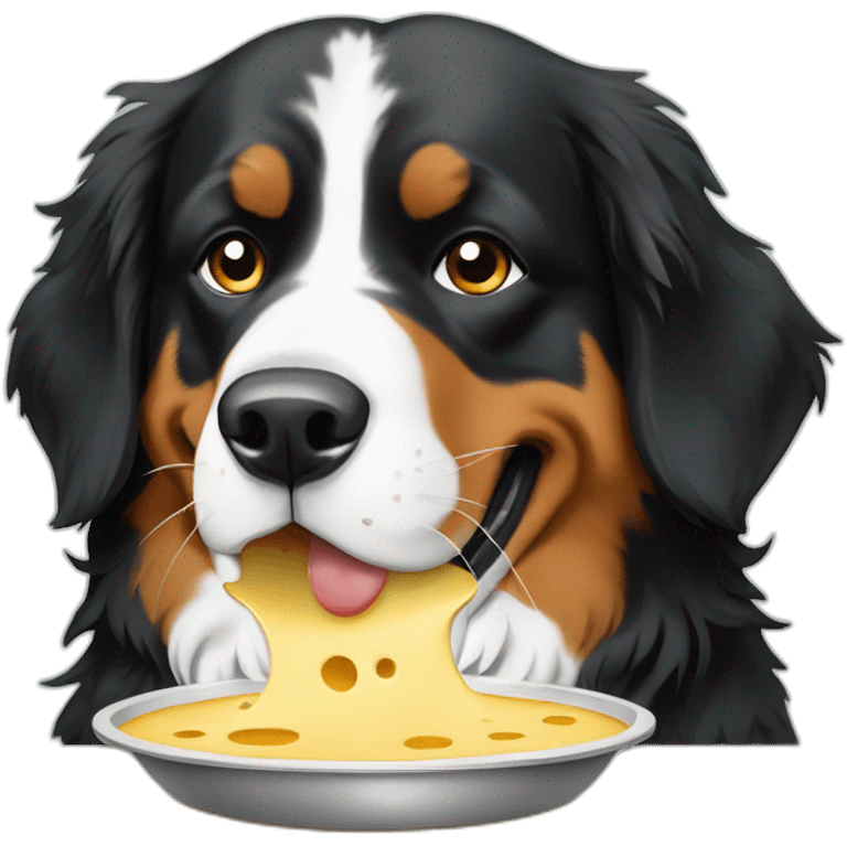 Bernese mountain dog eating a swiss cheese fondue emoji