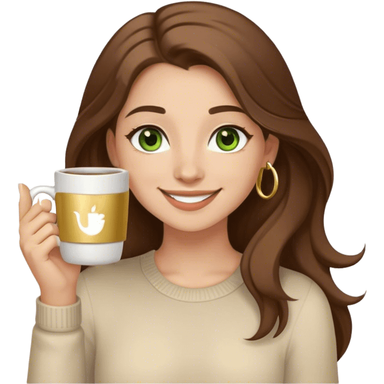 Long, Brown haired girl with middle hair part, green eyes, gold hoop nose ring, smiling, waving with one hand, coffee mug in the other emoji