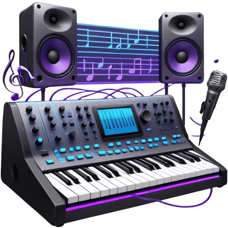 Create a professional and artistic emoji that represents sound design. The design should feature essential sound design equipment, including a high-end Korg synthesizer, a sound mixing console with visible wires, large studio speakers, and a microphone. Surround the equipment with flowing, abstract sound waves and musical notes to symbolize the fluid, creative nature of sound design. Add subtle effects like glowing sound frequencies or swirling patterns to represent the dynamic manipulation of sound. Use sleek, modern colors like black, silver, neon blue, and purple to evoke a sense of innovation and artistic exploration. The background should be transparent. emoji