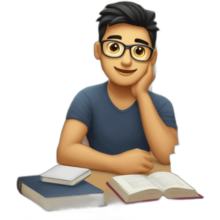 joven estudiante con  con un libro en sus manos y en su cabeza, junto a muchos libros y una lampara y un libro en su cabeza, con muchos libros emoji