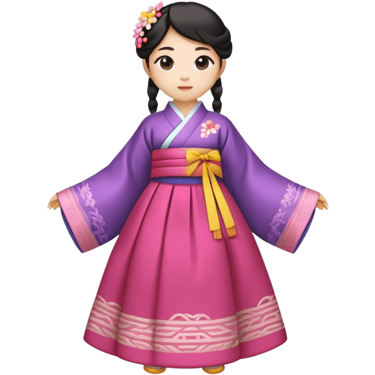 Cinematic Realistic Hanbok Emoji, depicted as a graceful intricately designed traditional Korean dress with vibrant colors and flowing lines, rendered with delicate textures and soft cultural lighting that captures its timeless elegance. emoji