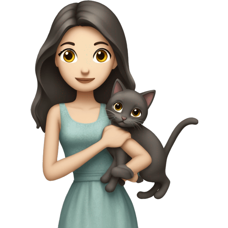 Beautiful skinny woman long dark brown hair in dress hug grey cat emoji