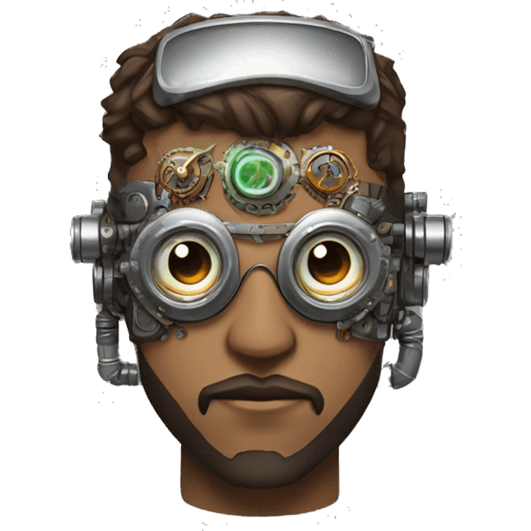 Brown short hair male cyborg head with silver steampunk goggles, brown beard and circuits emoji