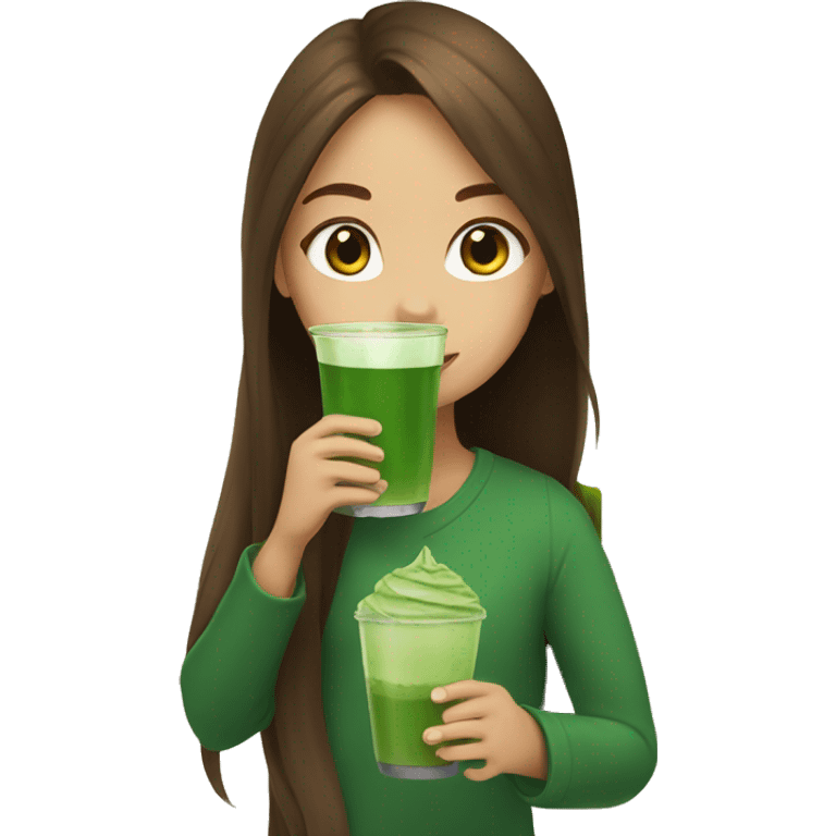 Girl with long brown hair drinking matcha emoji