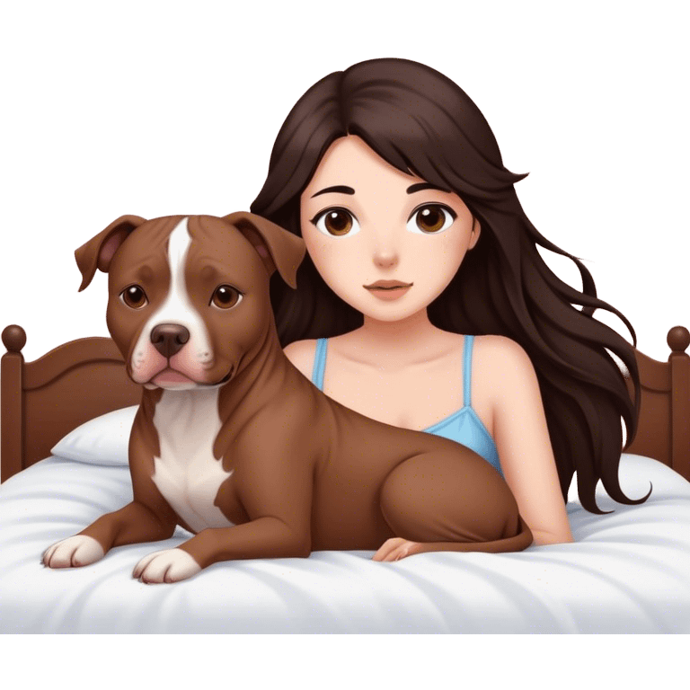 A pretty girl with long dark hair feathered   cascading down her face sits on the bed with her brown pit bull  laying beside of her heart is flying all around emoji