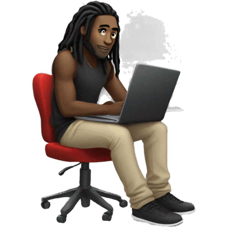 Black-guy-with-dreads-wearing-black-trackstuit-sitting-down-on-chair facing-foward-focused-on-laptop-computer- emoji