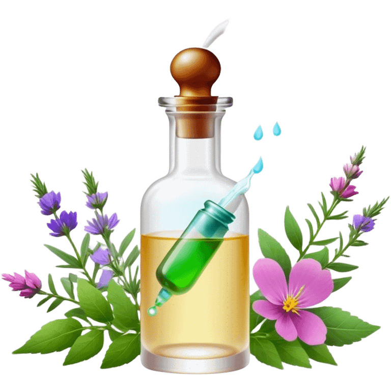 Perfume making icon, delicate glass bottle being filled with colorful essential oils from droppers, swirling mist rising from the bottle, flowers and herbs nearby, minimalistic style, clean lines, transparent background. emoji