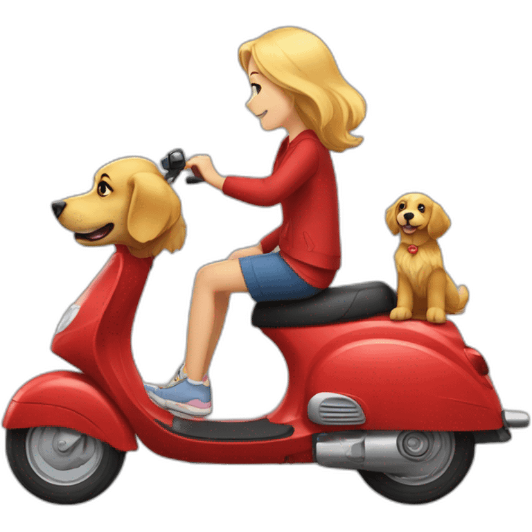 Golden retriever in a red scooter with a girl emoji