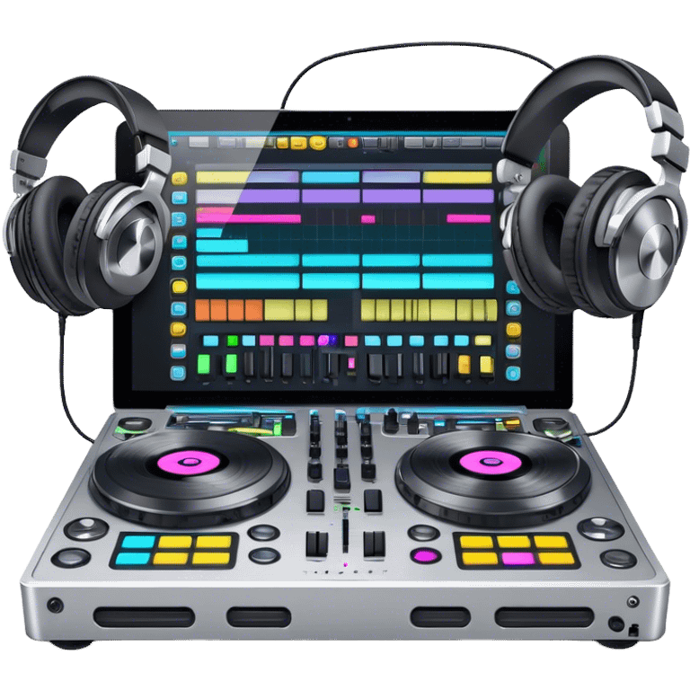 Create a professional and technical emoji that represents remixing music. The design should feature a high-end DJ controller, turntables with vinyl records, and a sound mixing console with faders to symbolize the technical aspects of remixing. Include elements like studio headphones and a laptop or digital audio workstation (DAW) screen to reflect the tools used in music production. Use colors like black, silver, and neon accents to convey the professional, high-tech nature of remixing. The background should be transparent. emoji