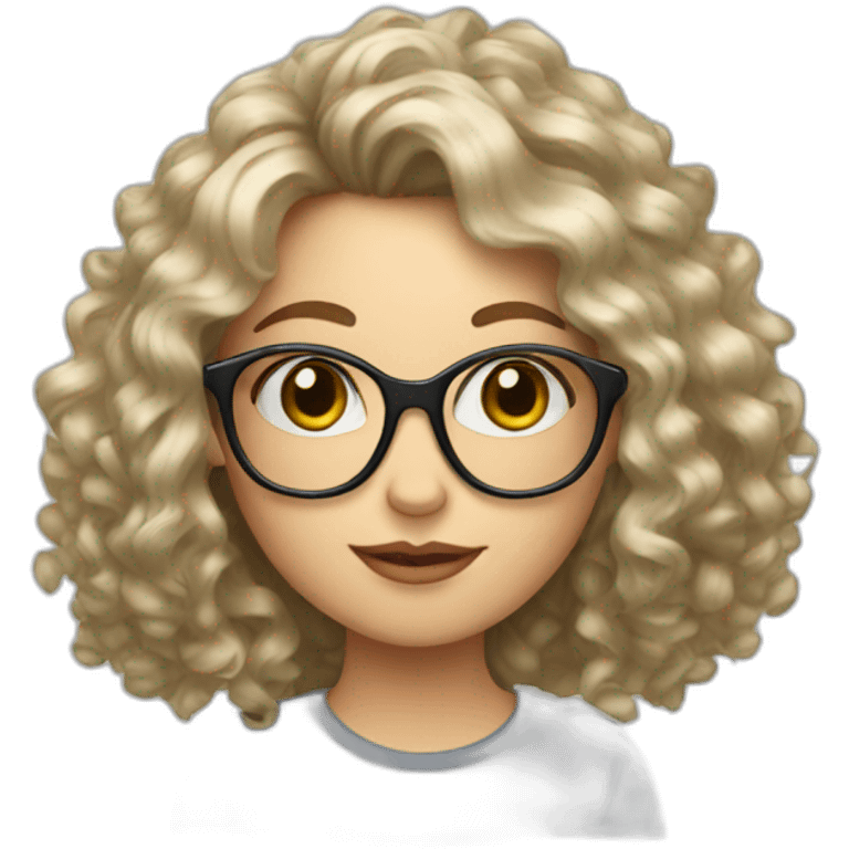 White girl with curtain fringe, curly hair and glasses emoji