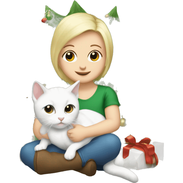 Blond baby with two white and grey Sibirien cats under a Christmas tree emoji