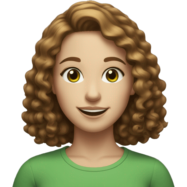 pale young woman with neck length brown curly hair, green eyes, and freckles smiling emoji