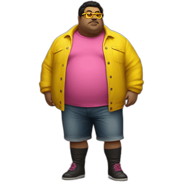 fat man with dark hair,a vibrant long yellow coat, pink glasses, short jeans shorts. Show full lenght peson, person fighting as superhero emoji