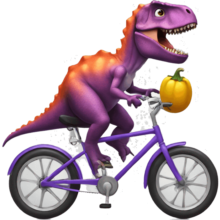 dinosaur riding a bike and eating an eggplant emoji