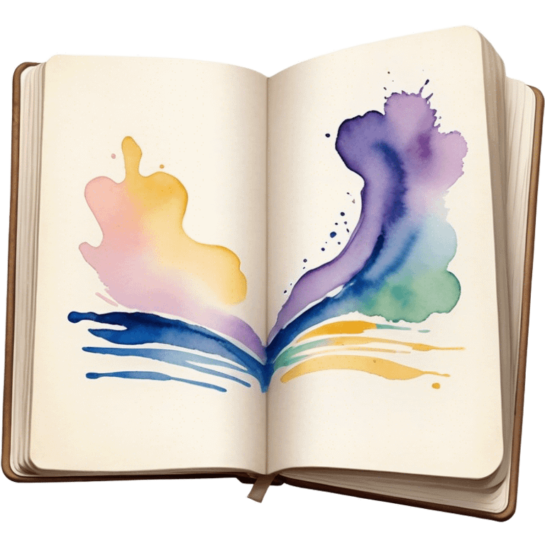 Cinematic Realistic image of an open sketchbook accompanied by a set of translucent watercolors, with delicate pigment stains and soft, flowing brushstrokes, captured under gentle, diffused lighting that highlights creative fluidity emoji