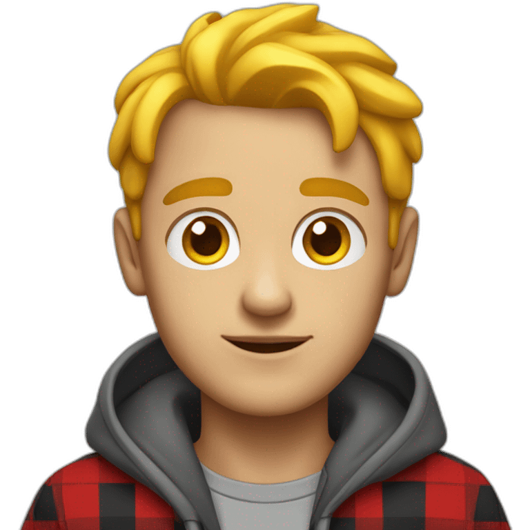 Man, bright red skin, yellow hair, big eyes, black eyebrows, wearing a gray hoodie with a black and red checkered shirt emoji