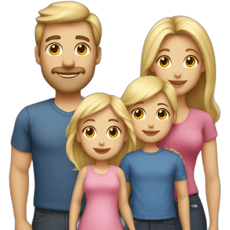 a family with 2 parents and 2 babies girls twins, the dad is blond hair and the mom dark hait emoji