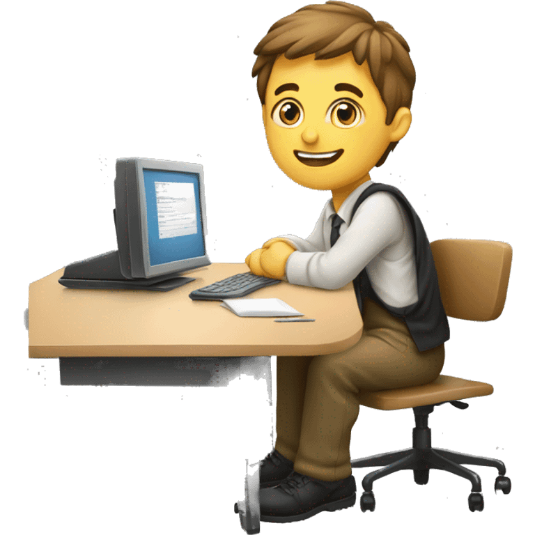 European schoolboy sitting at desk,  computer on desk emoji