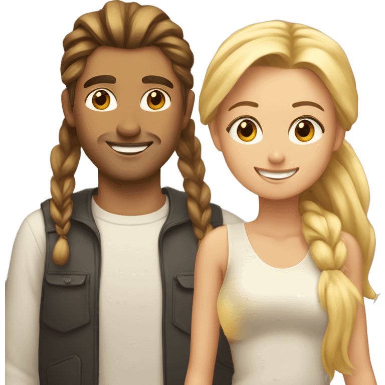 Woman and man smiling, woman has straight Brown hair in a ponytail, slightly sunkissed skin, man has blonde long hair which are in a ponytail, slightly sunkissed skin emoji