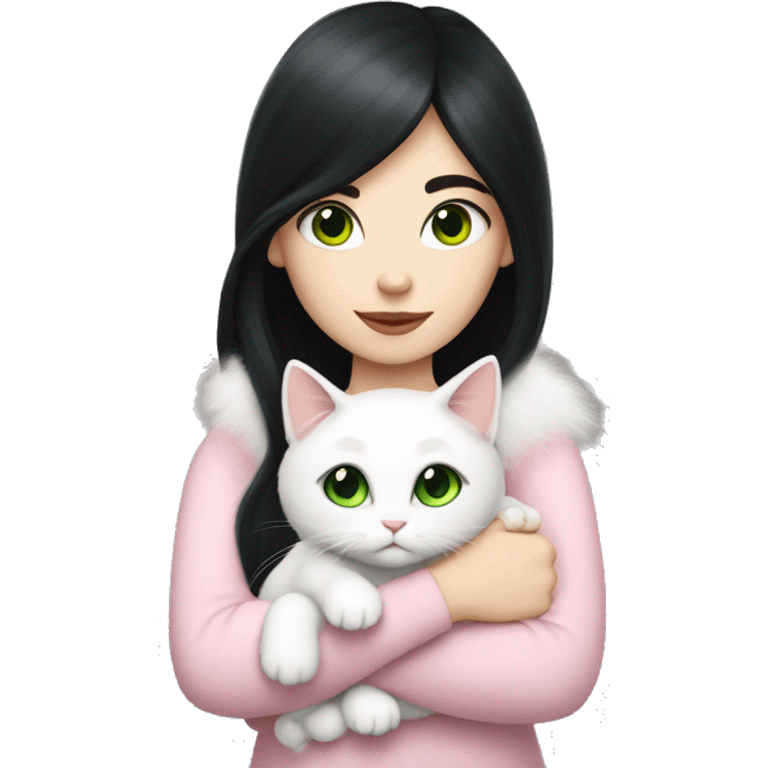 girl with pale skin, very long dark black hair and green eyes and light pink outfit hugging a white fluffy scottish cat emoji