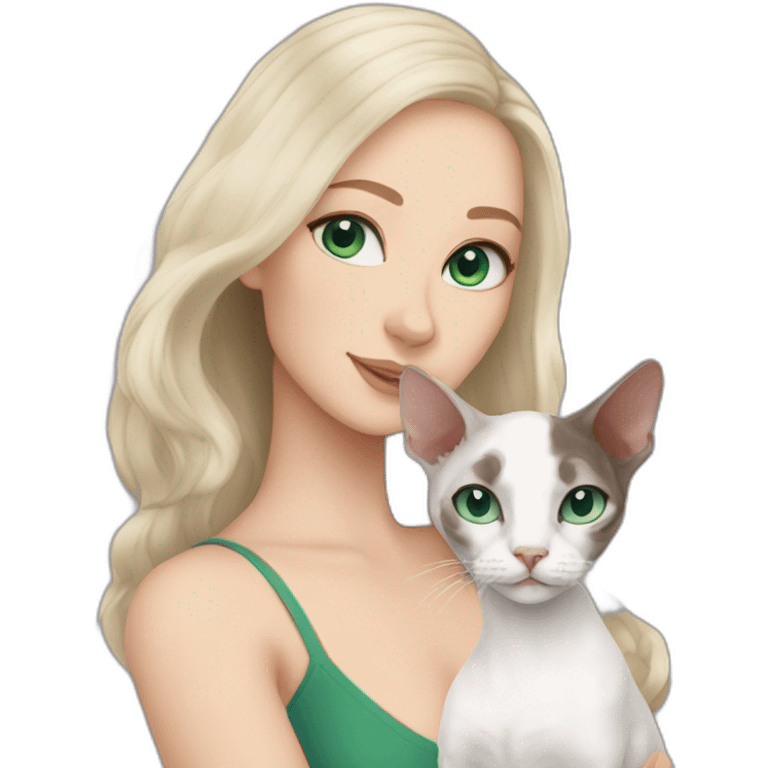 White woman with long dark hair and green eyes holding white devon rex with blue eyes emoji