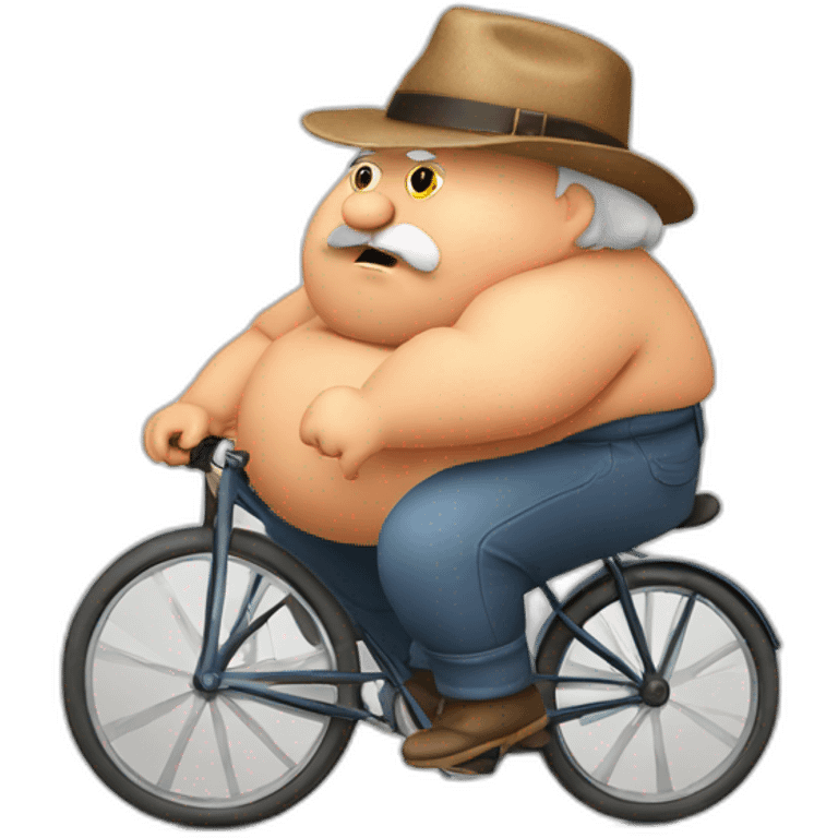 very fat grandfather. with a grandfather's hat on his head. riding an old bicycle. with a tired face. emoji