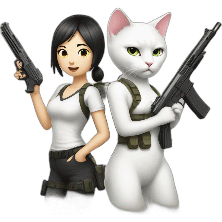 white cat with gun and Asian girl with gun together emoji