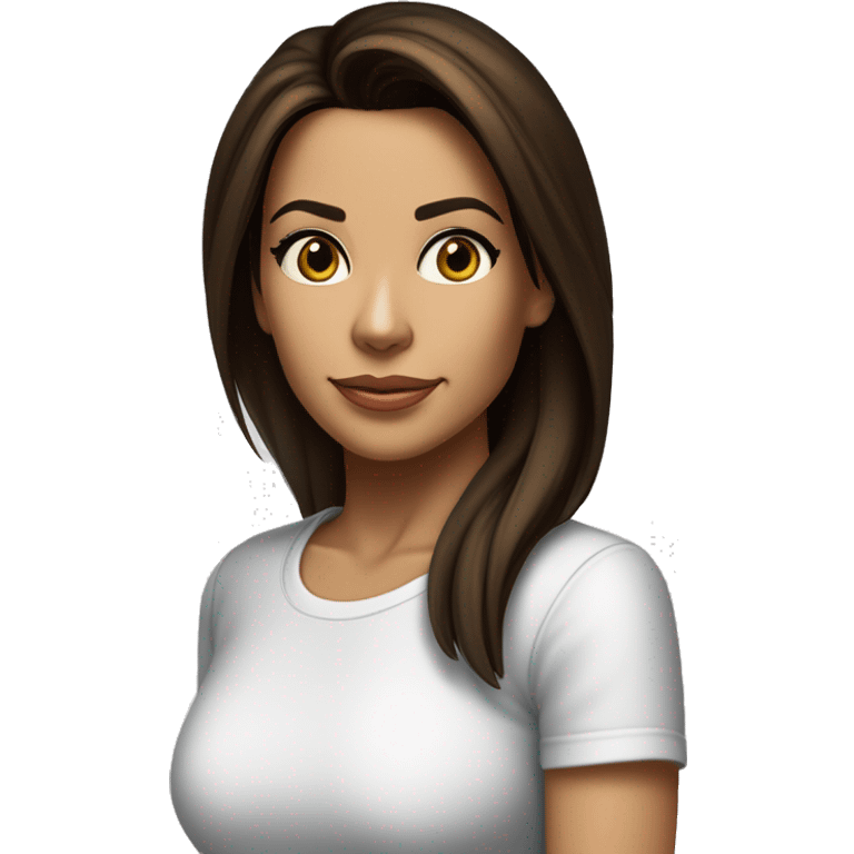 3/4 face, contrasted, shadow, light, Eva Longoria expression, standing from a distance, thin nose, brunette woman, hazel eyes, long eyelashes, dark shoulder shaded hair, white t-shirt, jeans, white sneakers emoji