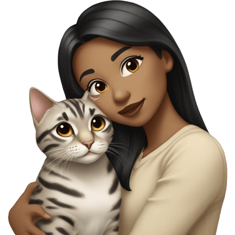 Girl with light skin, black eyes, shoulder length straight black hair, wears a beige blouse outfit, kissing a silver bengal cat  emoji