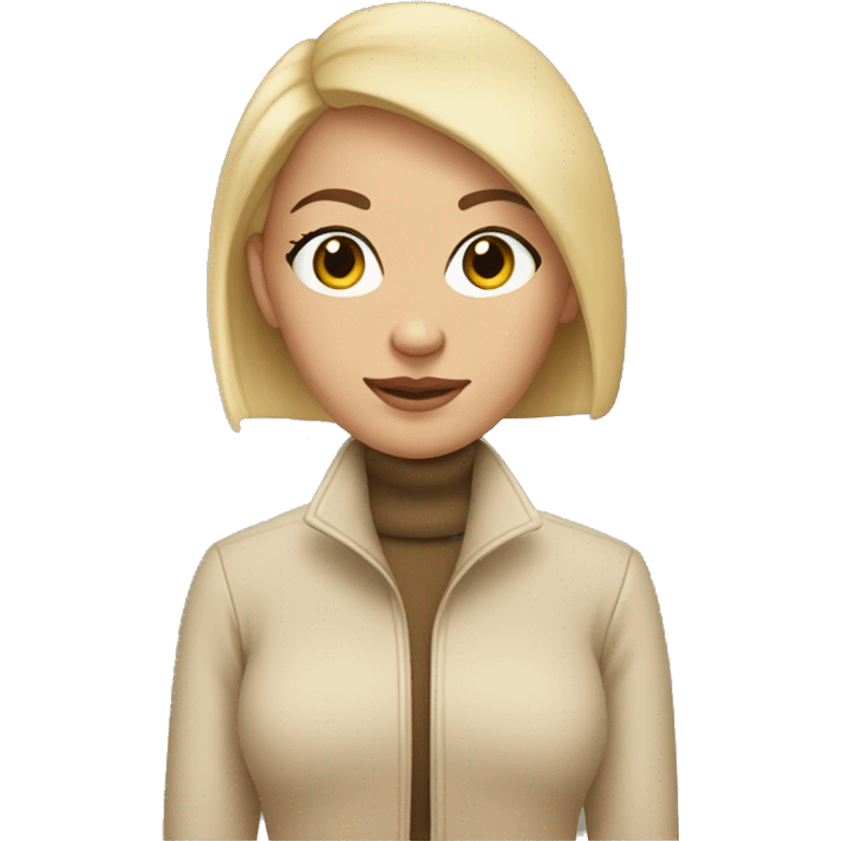 a bald girl wearing a white turtleneck sweater and a beige jacket out the sweater. She is bald emoji