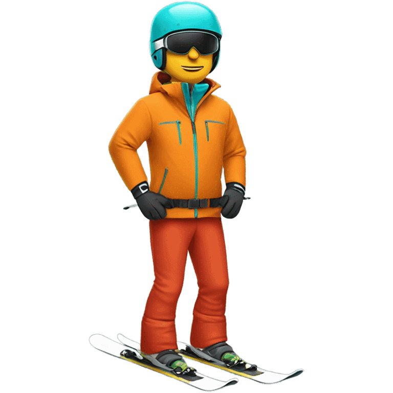 white Skier man wearing orange jacket and a red helmet and turquoise pants emoji