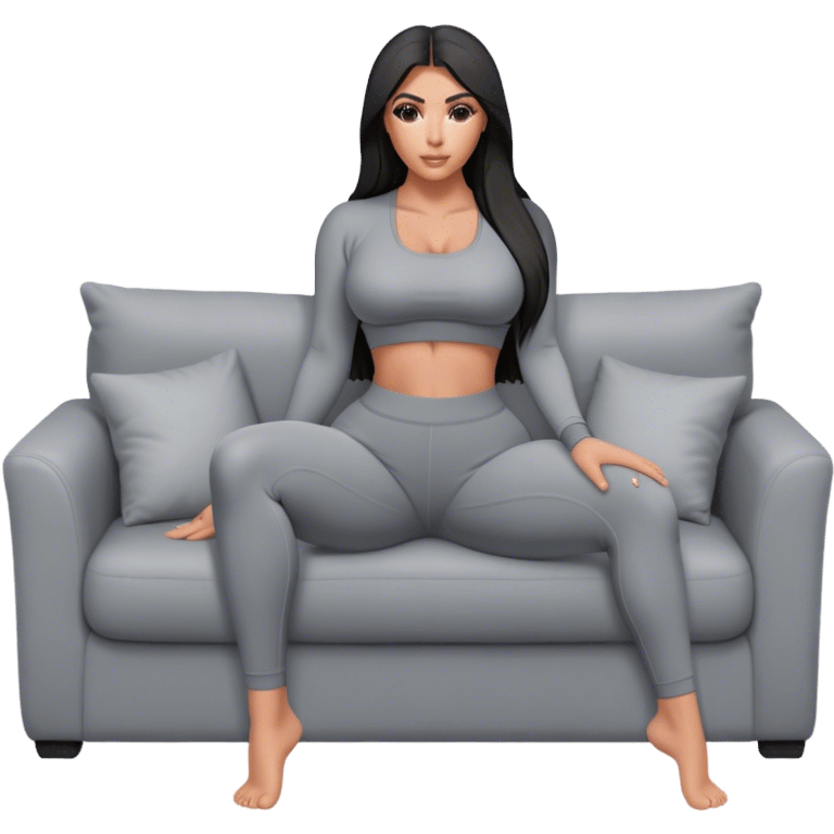 hyper-realistic kim kardashian in gray yoga pants on couch comfy emoji