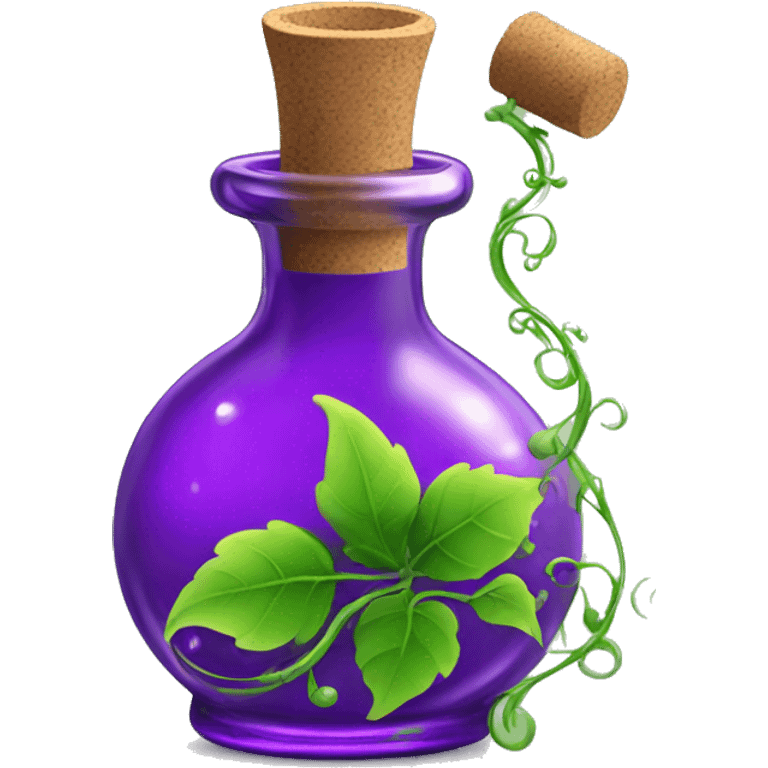 A glass potion bottle with a cork, filled with swirling purple liquid that has beautiful green vines wrapping around the bottle emoji