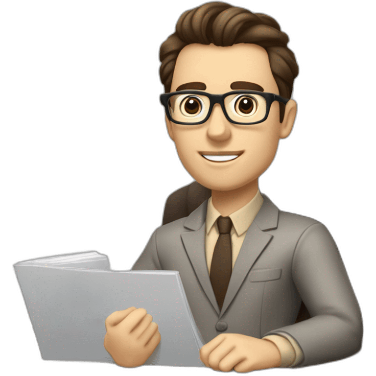 Pale skinned Fit Man With dark brown hair in gray jacket, beige office shirt, Brown pants and vintage glasses sitting In a soft chair with a notebook on spring with emblem Ψ and a pen emoji