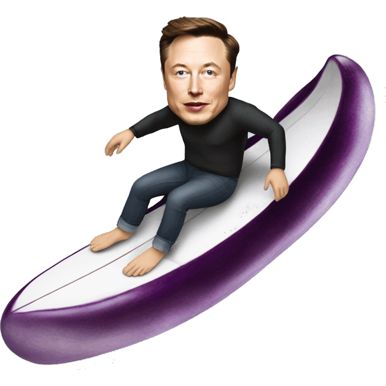 Elon Musk surfing on an eggplant emoji