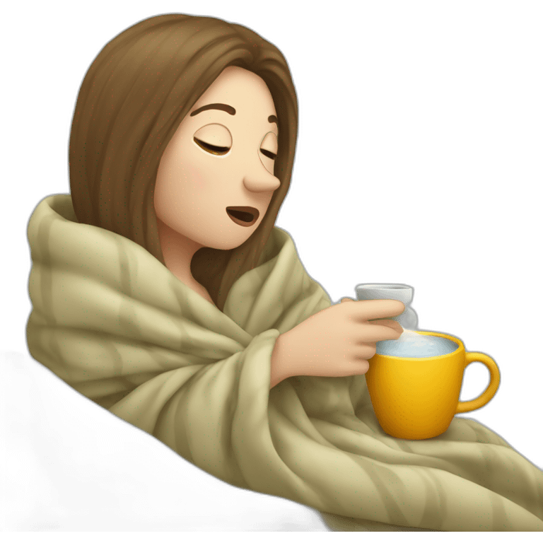 sick white woman in a blanket drinking from a hot cup emoji