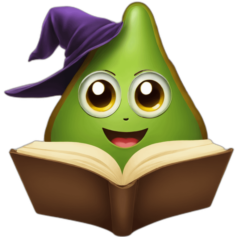 Avocado reading a book with a witch hat emoji