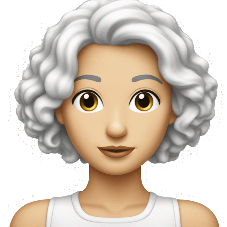 ’image montre une femme blanche d’âge moyen avec une coupe de cheveux typique ‘bob’ ou ‘pixie’,  emoji