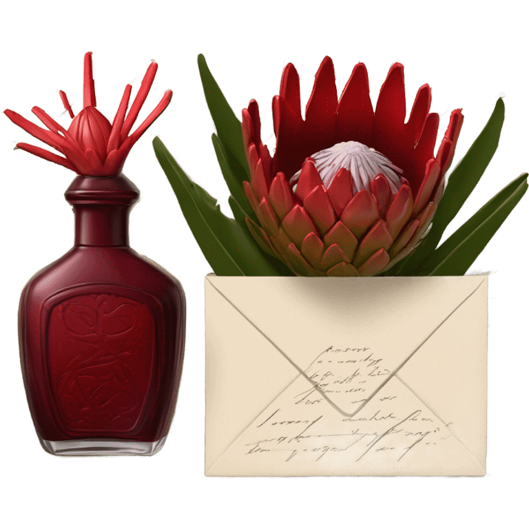 Dark red captivating perfume bottle with red proteas and a handwritten love letter emoji