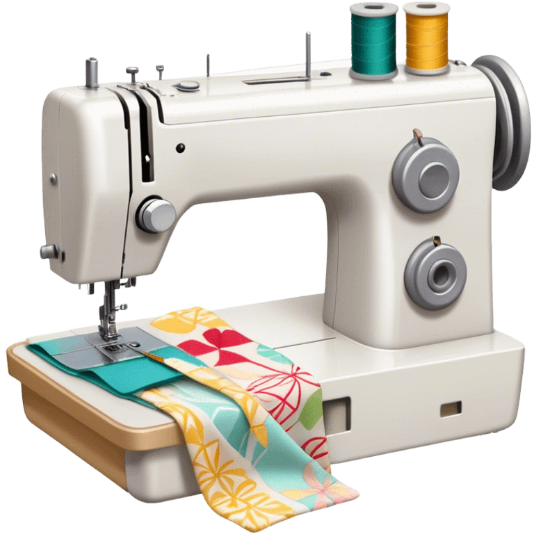 Sewing icon, sewing machine with thread, visible needle, spools of thread, fabric pieces cut according to patterns, scissors, and measuring tape, a piece of clothing in progress, minimalistic style, clean lines, transparent background. emoji